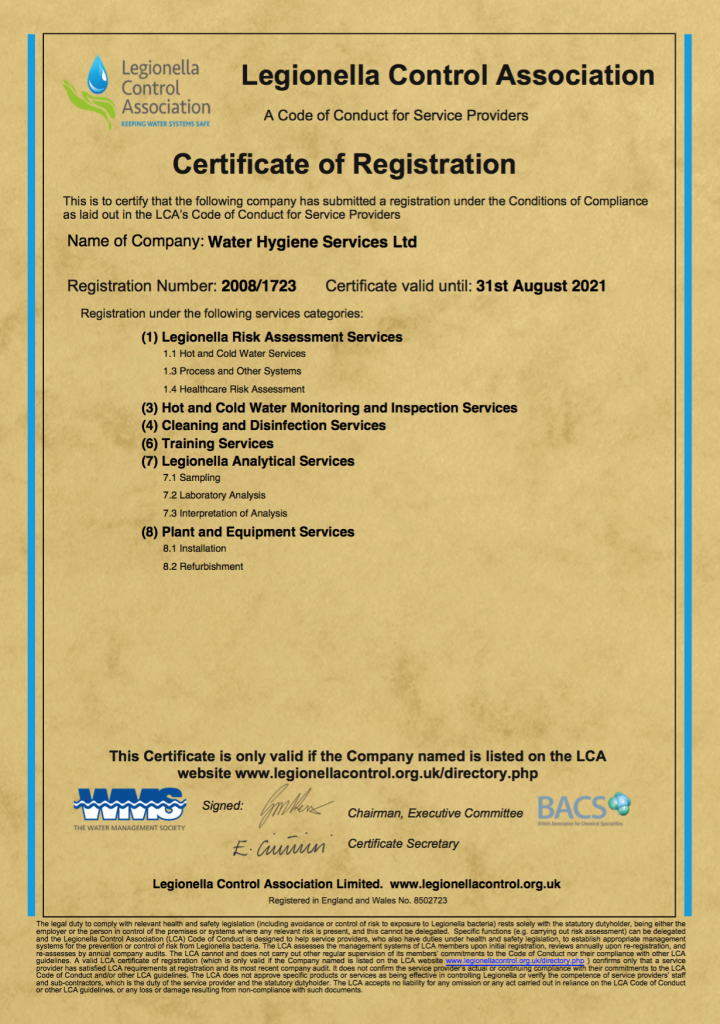 Water Hygiene Service LCA Renewal Certificate